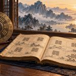 Minh họa sách Kinh Dịch cổ mở bên bàn học, đĩa bát quái và núi non